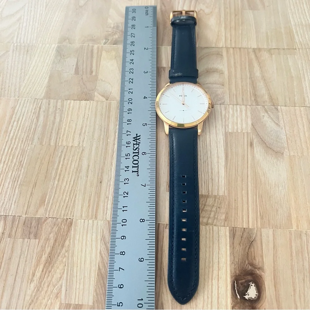 Fossil mens minimalist rose gold tone blue leather dress watch NEW BATTERY